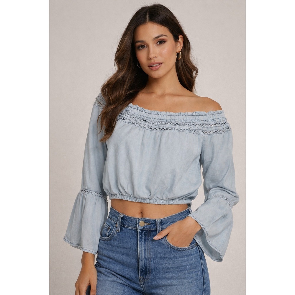 Walter Baker Women Lt Blue Lyocell Off Shoulder Lace Trim Bell Sleeve Top S crop